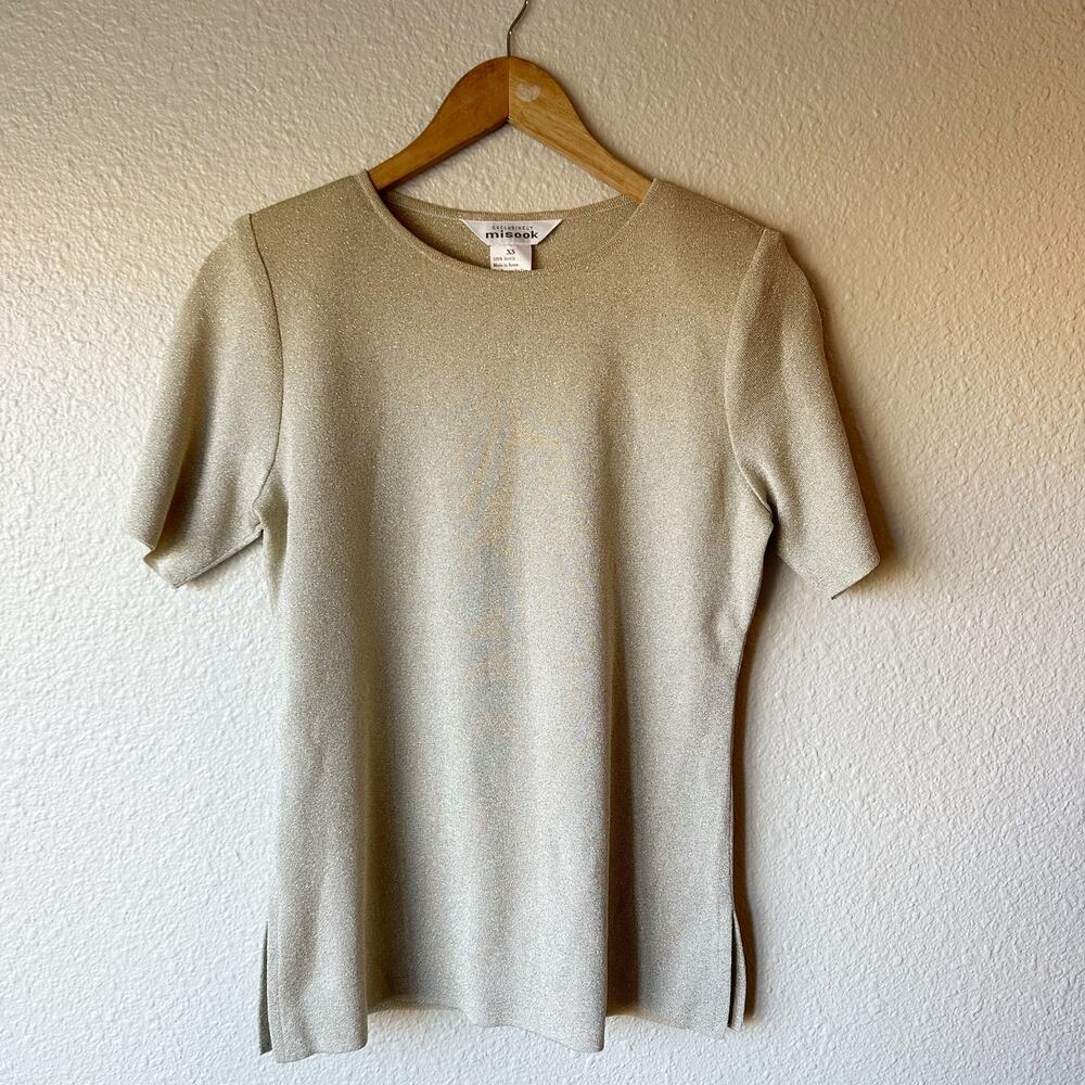 Exclusively Misook Short Sleeve Ribbed Side Slit Knit Top Gold Beige Womens XS